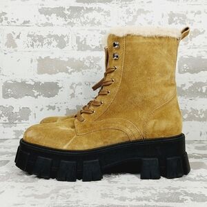 New Marc Fisher Tan Suede Faux Fur Lace Up Chunky Winter Combat Boots C511